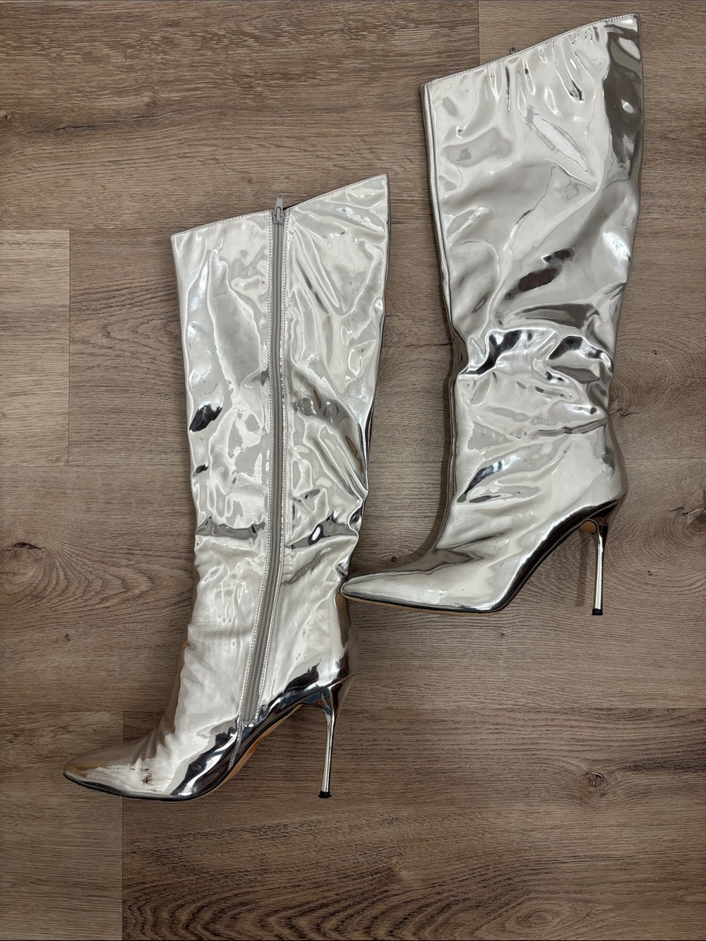 Liliana Metallic Silver Knee-High Stiletto Boots
